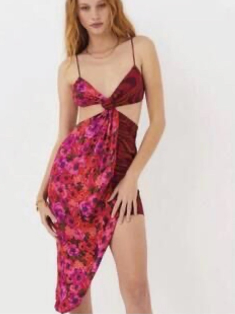 For Love & Lemons Pink and Red Floral Asymmetrical Cutout Maxi Dress